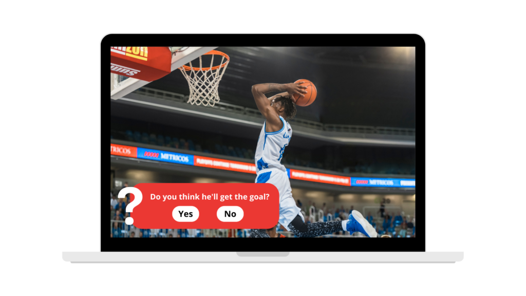 Image d'un joueur de basket en train de dunker, avec une question interactive affichée en bas de l'écran : 'Do you think he'll get the goal?' avec les options de réponse 'Yes' et 'No'.