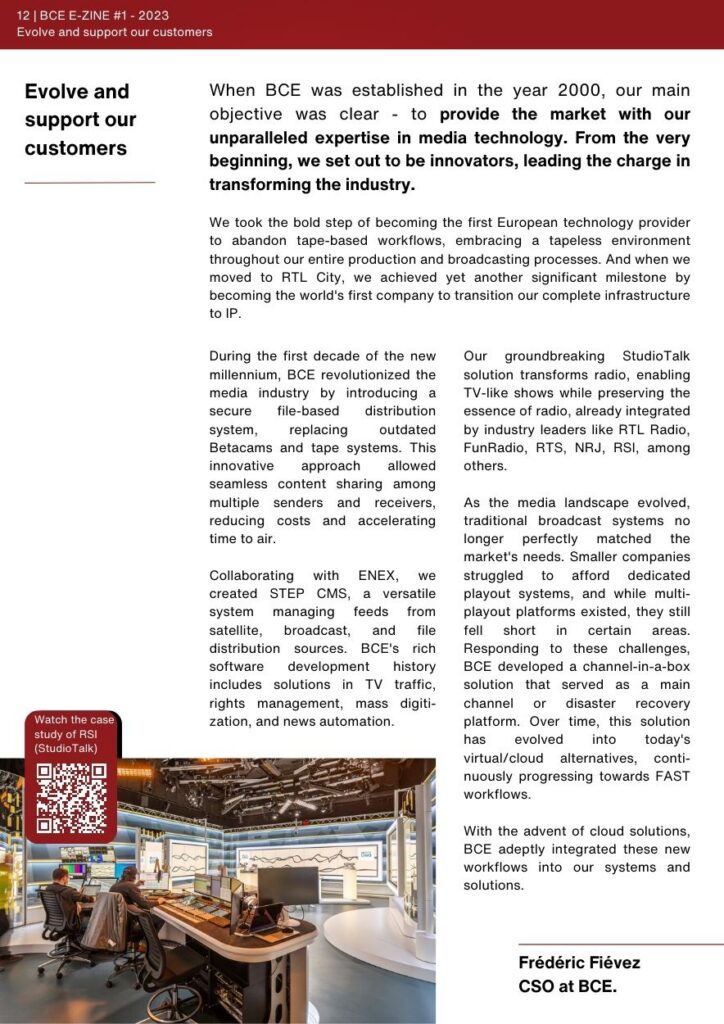 First page of Frédéric Fiévez article: Evolve and support our customers, published in BCE's first issue of the magazine "Empower".