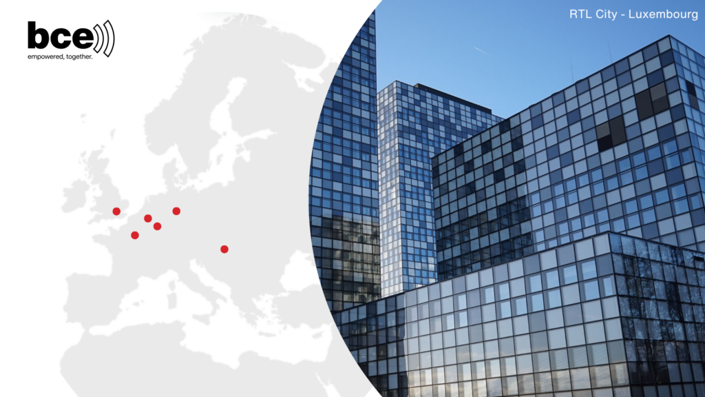 Corporate image illustrating BCE’s presence across Europe: on the left, a greyed-out map of Europe with several red dots marking different locations; on the right, a modern glass office building at RTL City in Luxembourg under a blue sky. The BCE logo with the slogan “empowered, together.” appears in the top left corner, and the text “RTL City - Luxembourg” is displayed in the top right corner.
