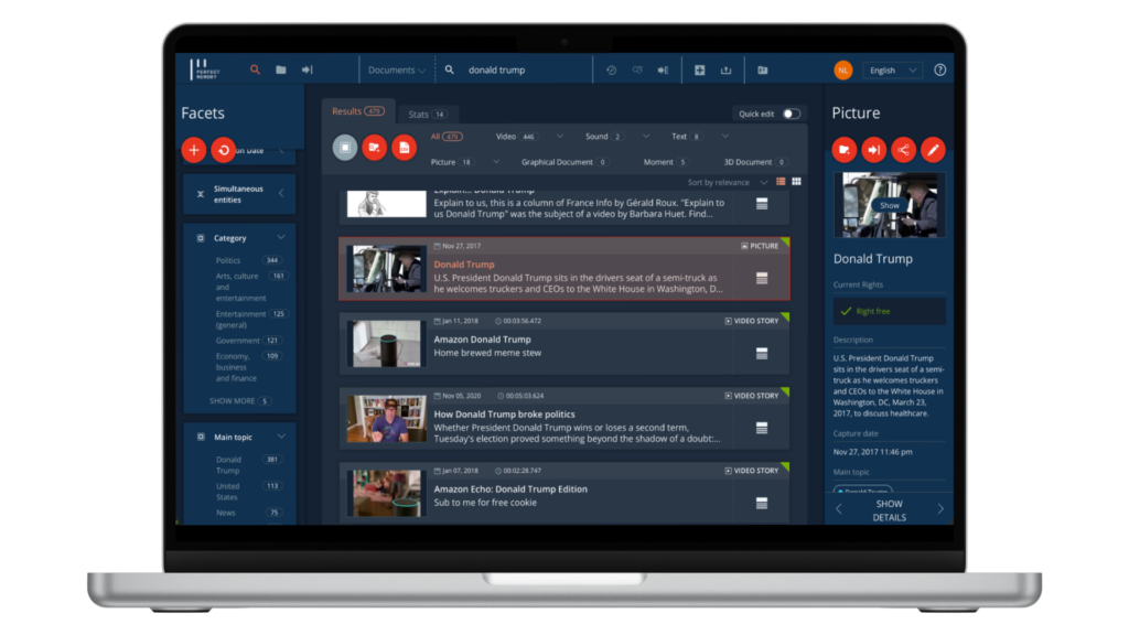 Perfect Memory MAM search interface displaying indexed media results and metadata within BCE Media-as-a-Service environment