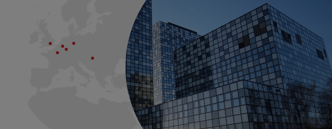 Corporate image illustrating BCE’s presence across Europe: on the left, a greyed-out map of Europe with several red dots marking different locations; on the right, a modern glass office building at RTL City in Luxembourg under a blue sky. The BCE logo with the slogan “empowered, together.” appears in the top left corner, and the text “RTL City - Luxembourg” is displayed in the top right corner.
