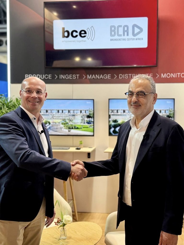 Frédéric Fievez, COO of BCE, and Najib Gouiaa, CEO of MediaCity Mauritius, announce the BCE and BCA agreement at IBC