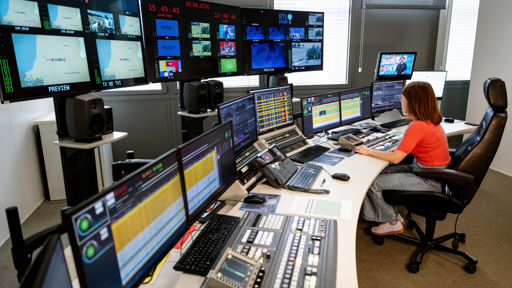 BCE broadcast and playout control room managing television channels and media workflows